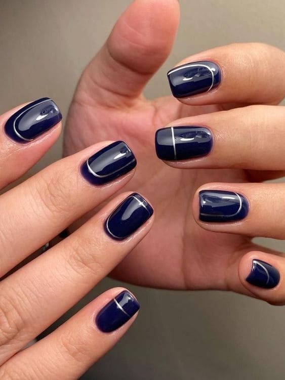 Korean dark blue nails: minimalist lines