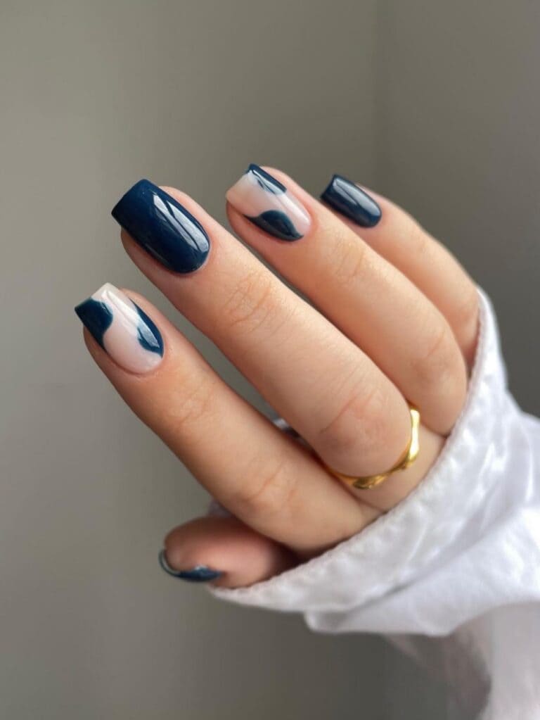 Korean dark blue nails: negative space