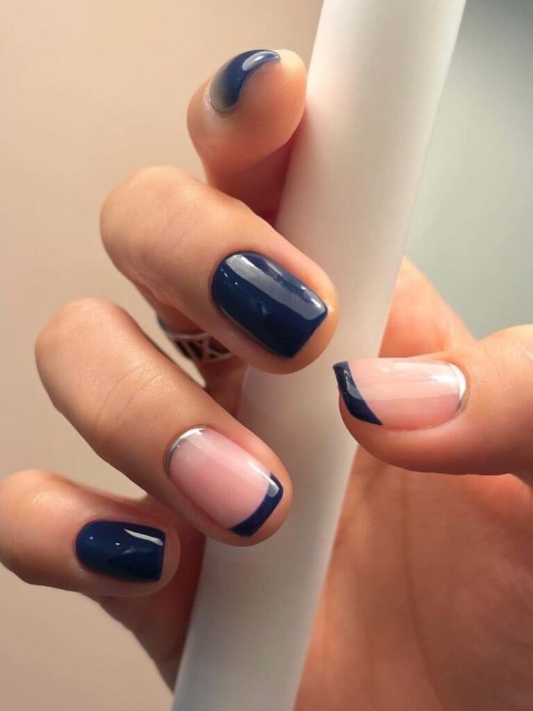 Korean dark blue nails: minimalist lines