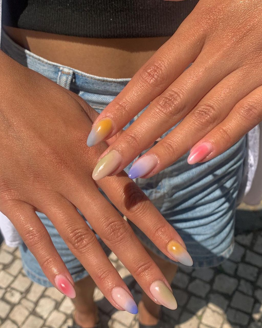 long almond shaped mismatched rainbow aura nails