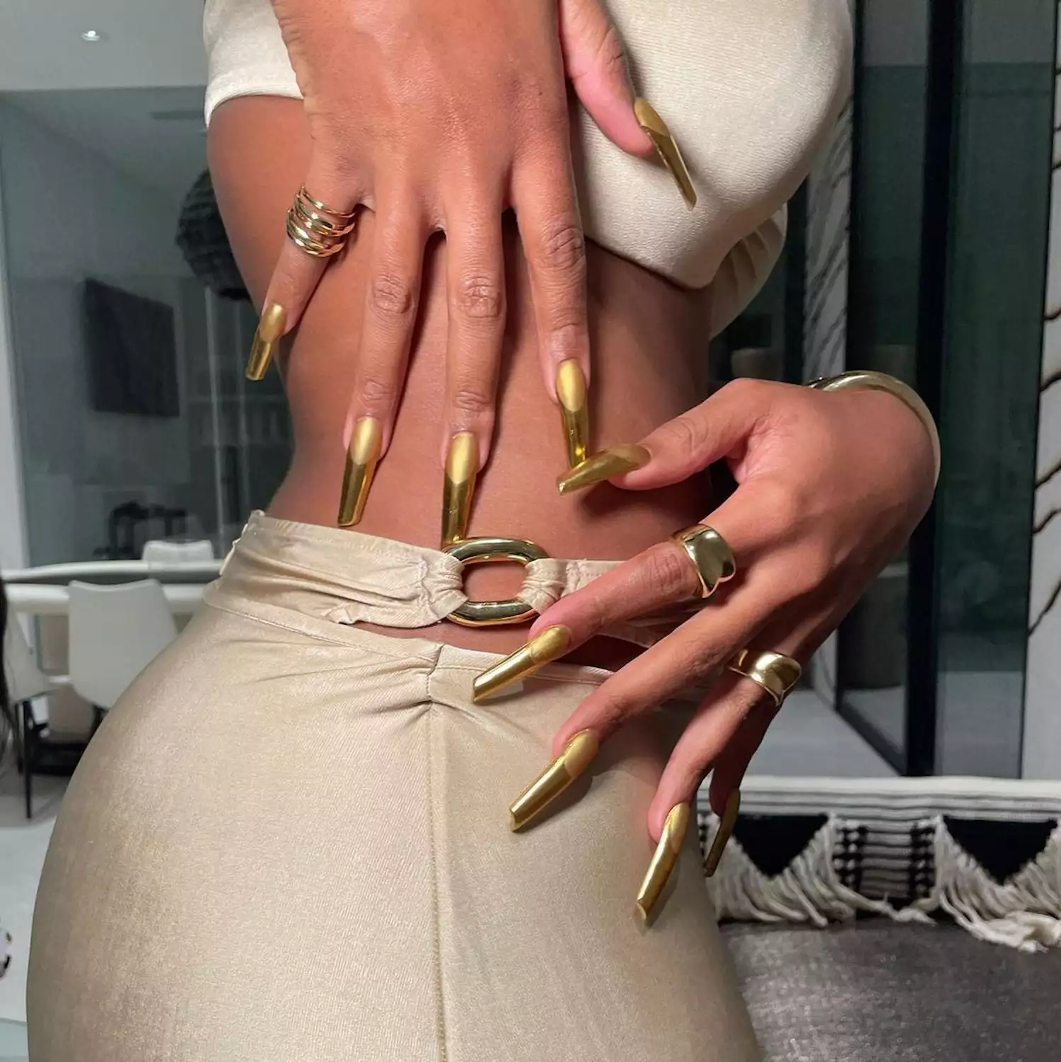 gold chrome french nails on megan thee stallion