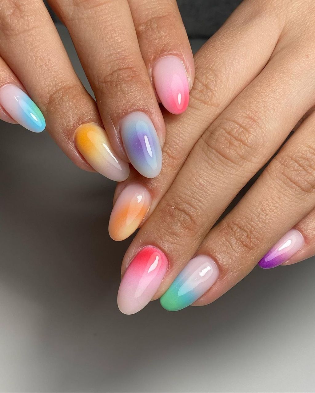 rainbow almond shaped ombre aura nails