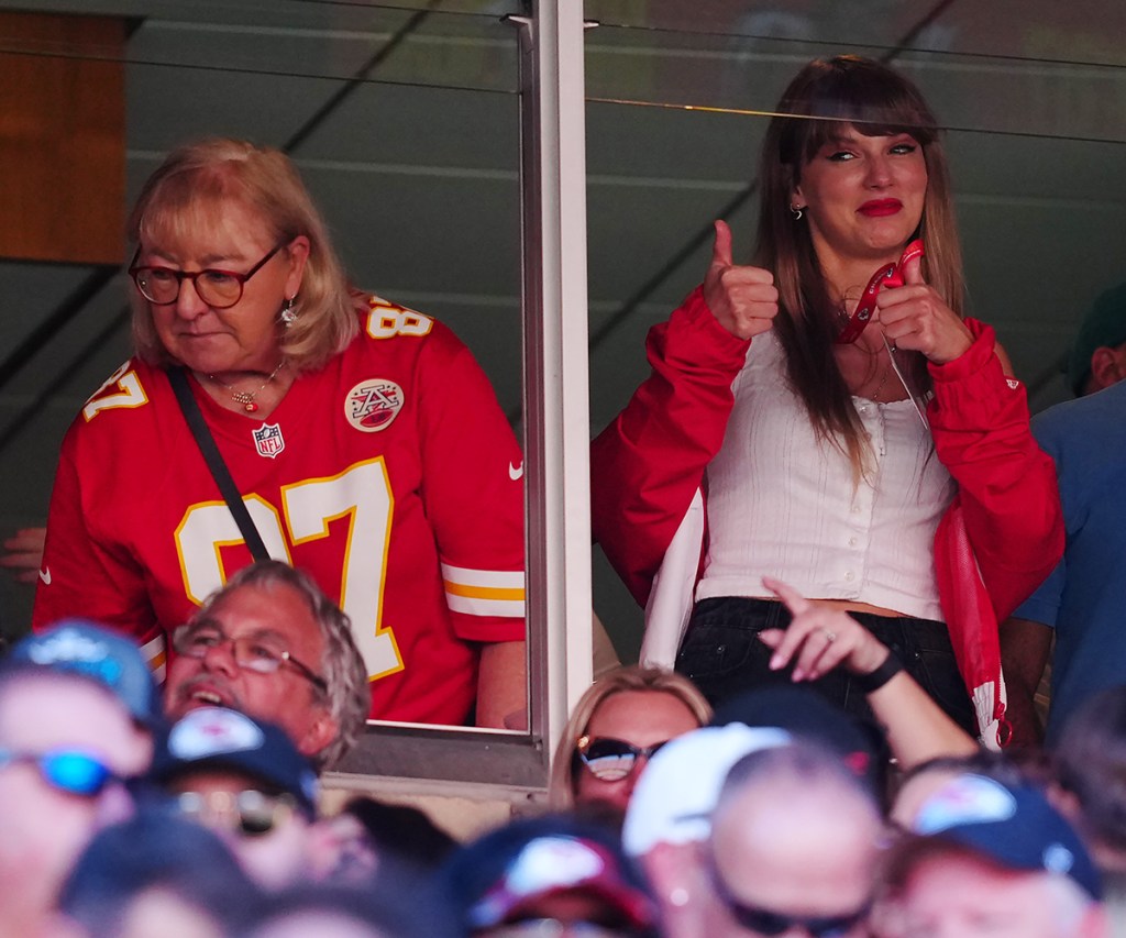 Taylor Swift cheers from a suite with Donna Kelce as the Chiefs play the Bears at GEHA Field at Arrowhead Stadium on September 24, 2023 in Kansas City, Missouri.
