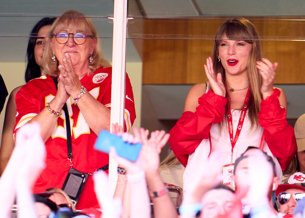 Taylor Swift cheers from a suite with Donna Kelce as the Chiefs play the Bears at GEHA Field at Arrowhead Stadium on September 24, 2023 in Kansas City, Missouri.