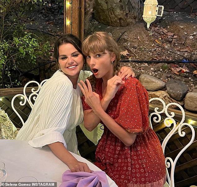 Funny: Gomez's birthday dinner included Taylor Swift, who got playful and dropped a 'three' and a zero' with her two hands, while jokingly flashing a startled look on her face