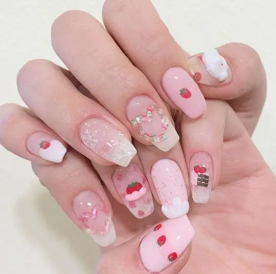 Varied designs on each nail combine to create a festive strawberry theme, with elements like bows and lace on a soft pink and white base. This set is perfect for special occasions, offering a unique and intricate decorative style.