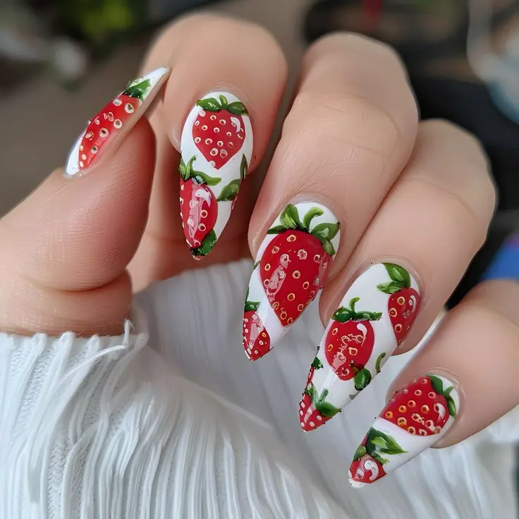 Bold and eye-catching strawberry nail art with a glossy red and patterned design. This style features bright red nails interspersed with detailed strawberries on a white base, making it a standout choice for any occasion.