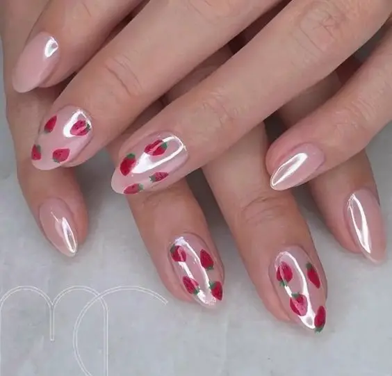 These nails boast a unique blend of subtle pink tones and small, intricate strawberry designs. Ideal for a discreet yet stylish look that’s perfect for everyday elegance.