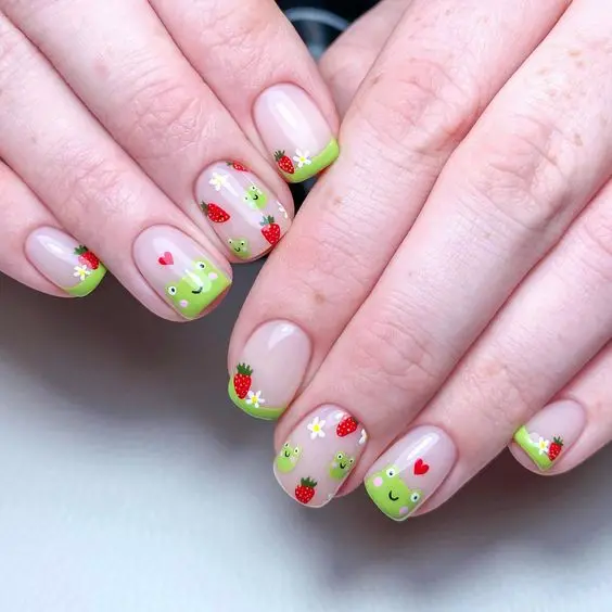 Adorable green-trimmed nails with smiling strawberry characters and tiny daisies create a whimsically sweet aesthetic on a transparent base. This design is perfect for those who enjoy playful, character-driven nail art.