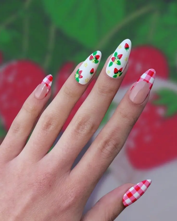 Combining bright red and white checkered tips with a neutral base, this design is both eye-catching and elegant. The strawberry motifs add a charming touch, making it perfect for those who appreciate a unique and tasteful nail art design that stands out gracefully.