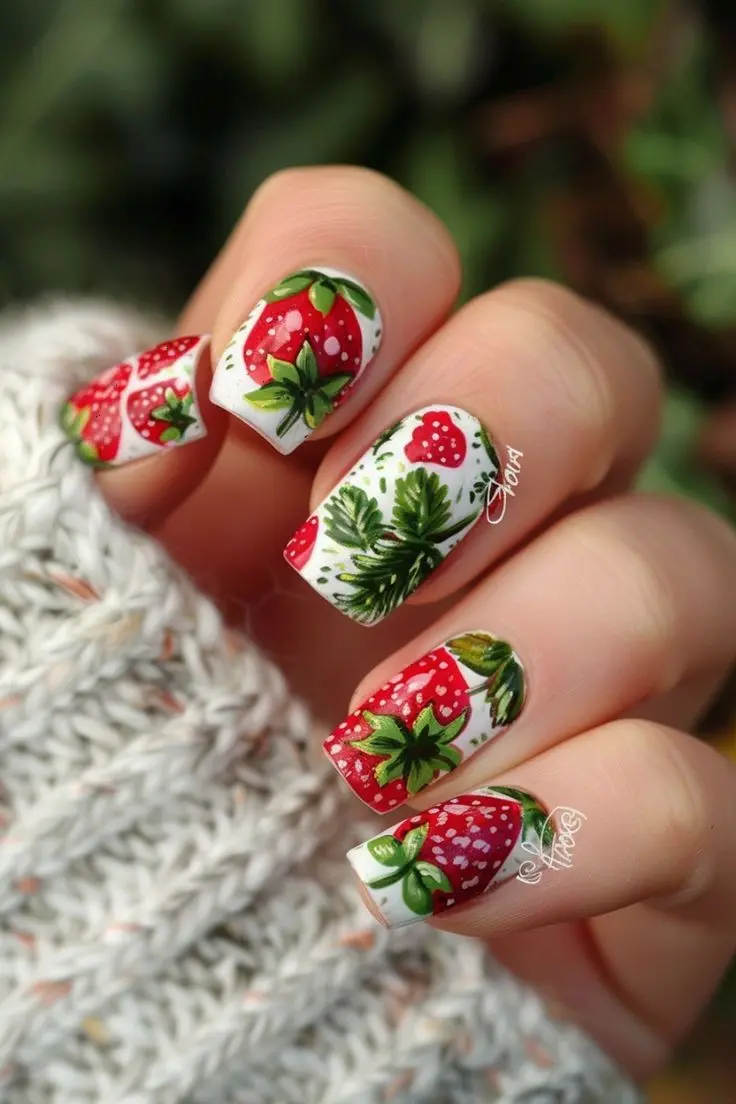 This nail art offers a stunningly detailed portrayal of strawberries on a white base, accentuated with lush green leaves. The nails are finely shaped with a glossy finish, capturing a naturalistic and appealing look, suitable for those who love intricate designs.