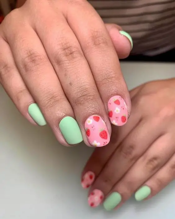 Featuring a fresh mint green and soft pink color scheme, this set of squoval nails is adorned with scattered strawberry and floral patterns on a translucent base. It\'s a gentle, whimsical design perfect for spring and summer.