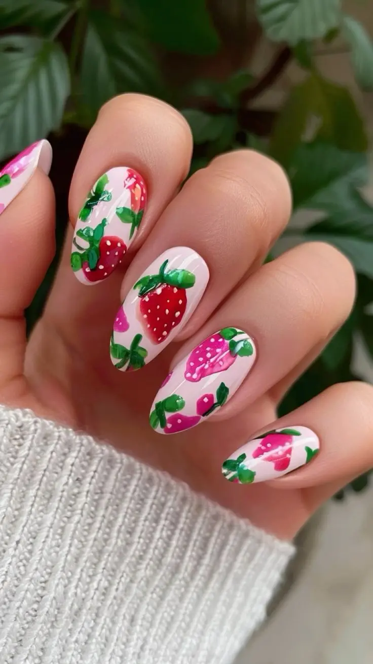 Featuring oval nails with a glossy finish, this design combines vibrant red strawberries and pink splashes on a white base, interspersed with green leaves. The cheerful and colorful patterns are ideal for a lively spring or summer vibe.