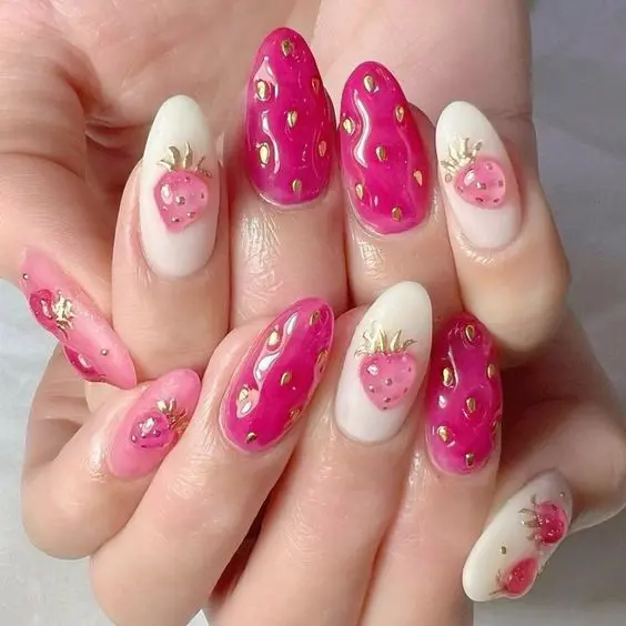 A whimsical approach with almond-shaped nails painted in shades of pink and adorned with strawberry and gold heart motifs. This romantic and playful design is perfect for those who enjoy detailed artistry and a touch of luxury.