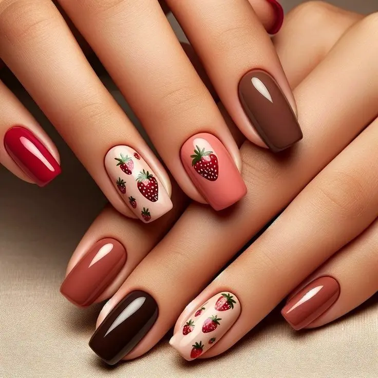 This sophisticated design on square-shaped nails mixes bold reds with soft neutrals, each nail detailed with elegant strawberry motifs. The palette is earthy and rich, perfect for a stylish, seasonal look.