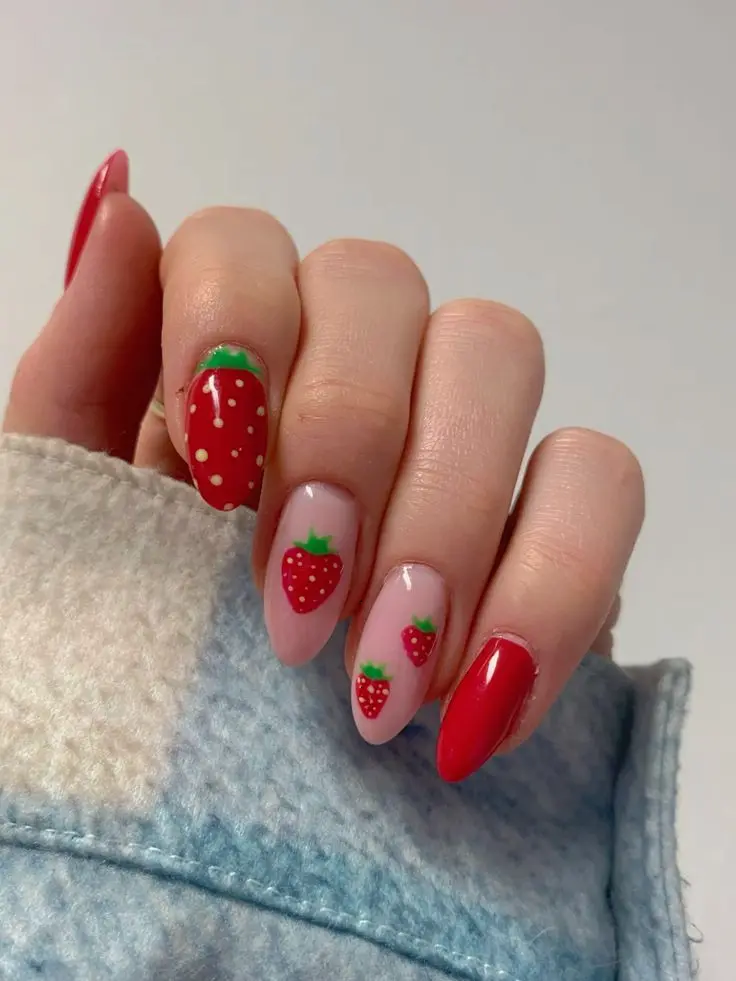 This manicure pairs glossy red with transparent nails, each showcasing a single strawberry or multiple tiny strawberries. The almond nails provide a classic shape, making this design versatile for both casual and formal wear.