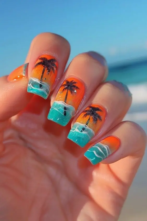 Ballerina-shaped nails with orange sunsets, turquoise waves, and black palm trees. The vivid colors and beach scenery evoke a tropical summer evening.