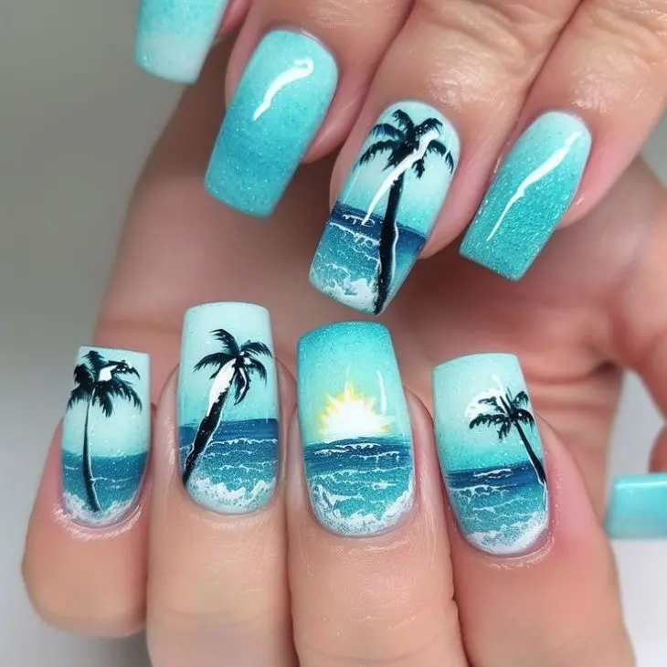 Ballerina-shaped nails featuring palm trees, ocean waves, and a sunrise in vibrant blue and orange hues. This design is perfect for a bright and cheerful summer day.