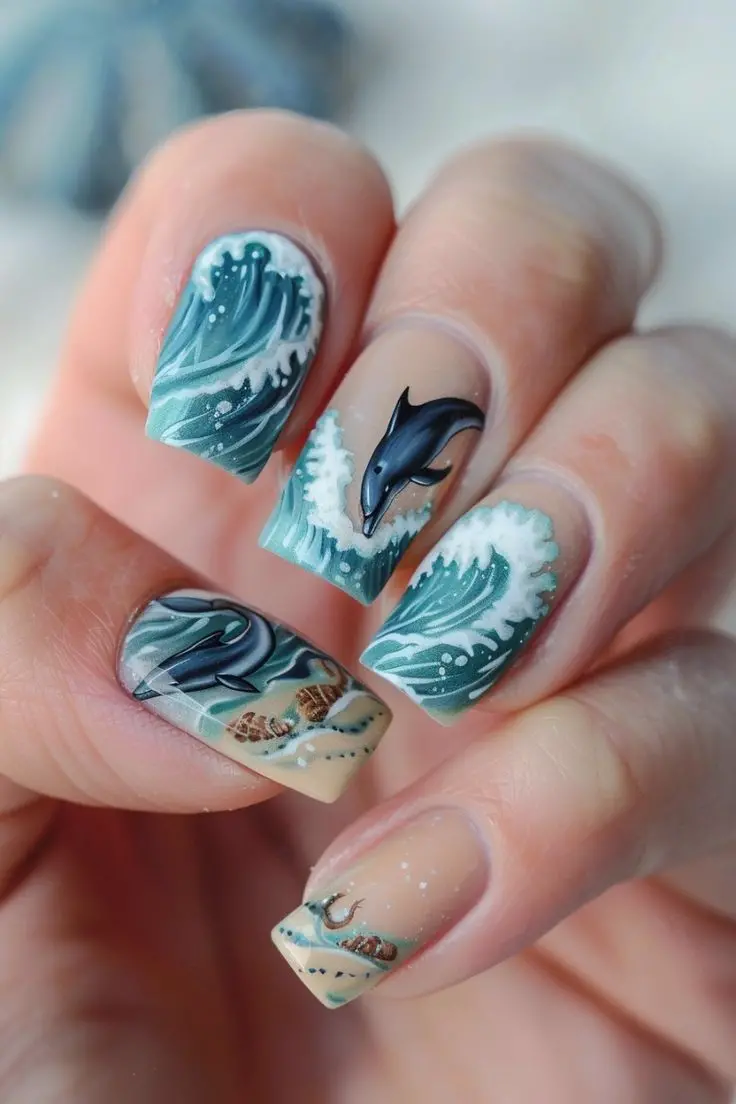 Ballerina-shaped nails with ocean waves and dolphin motifs. The realistic design in blue and beige shades encapsulates the playful and dynamic energy of summer at the beach.