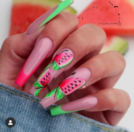 Summery ballerina nails are dressed up with watermelon art, pairing juicy pink hues with green accents for a fresh, picnic-perfect manicure.