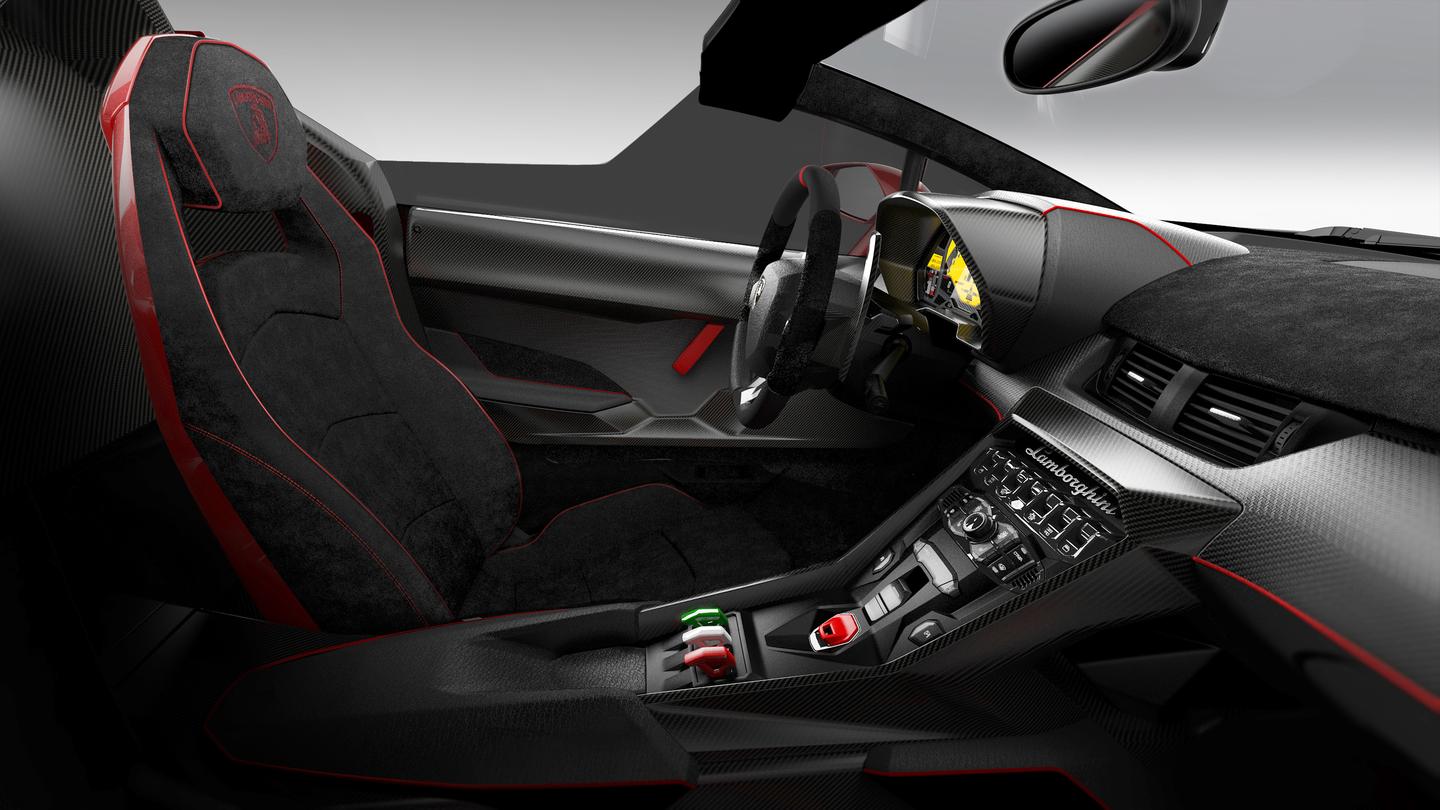 Drivetrain components and the fighter jet interior are near identical to the closed in Veneno