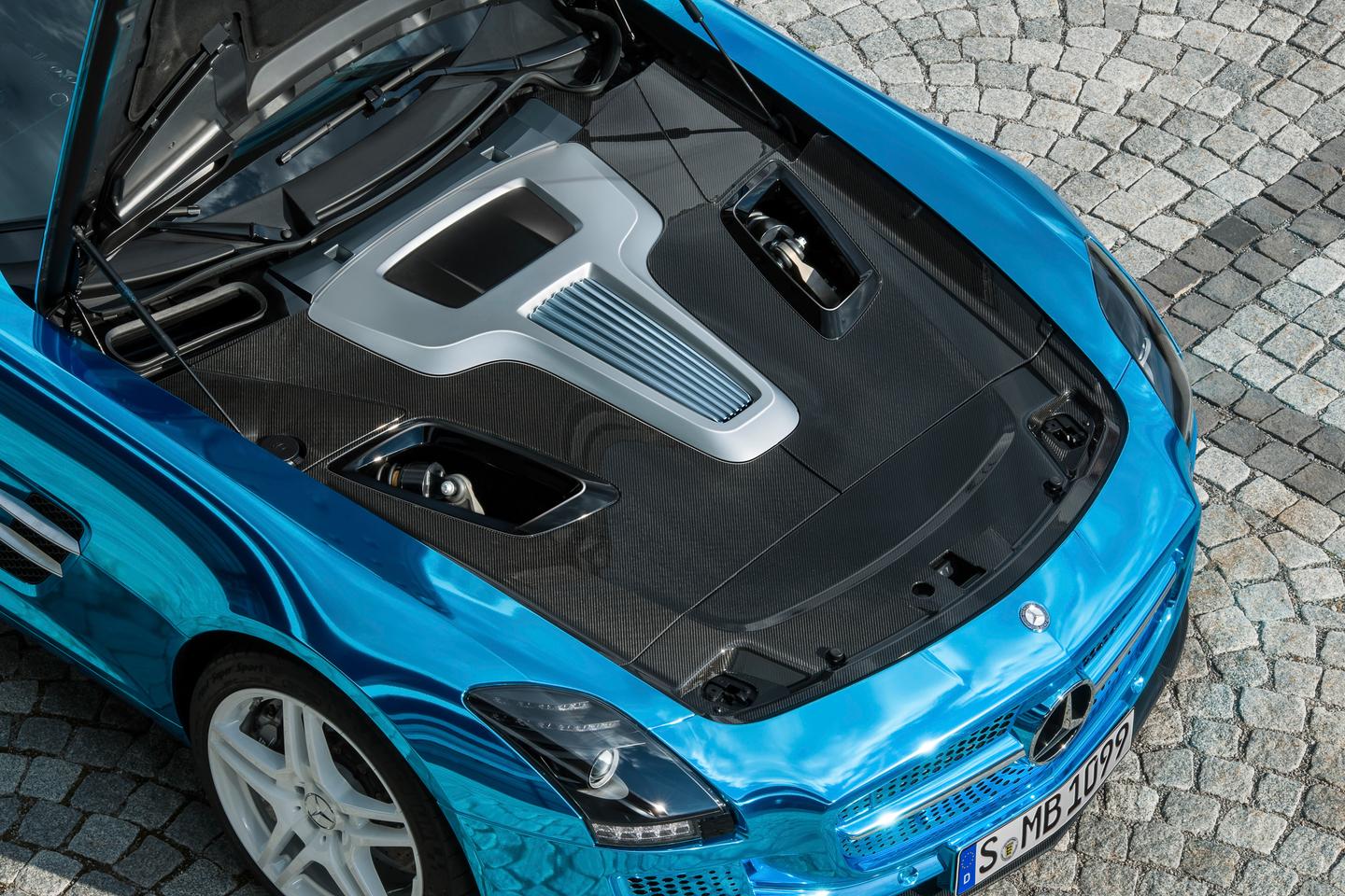 Where the engine would have been on the Mercedes-Benz SLS AMG Coupé Electric Drive (Image: Mercedes-Benz)